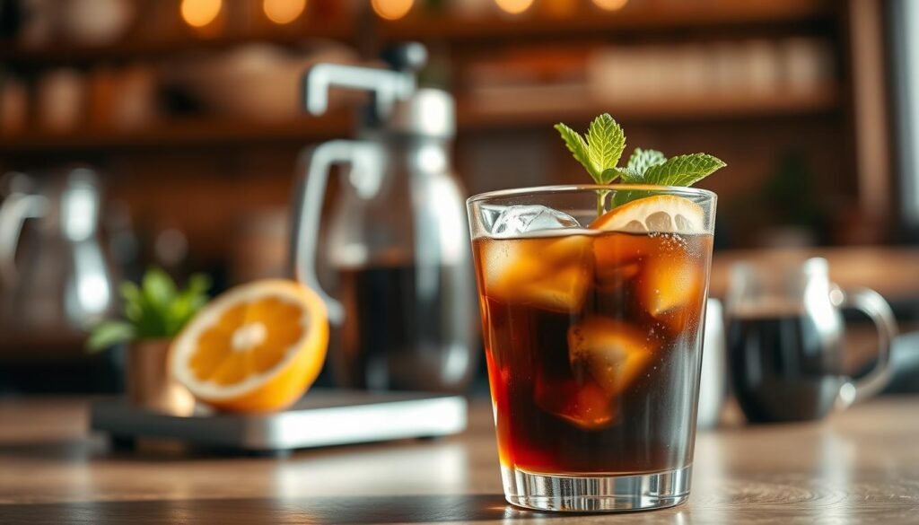 A beautifully crafted glass of cold brew coffee sits prominently in the foreground, filled with rich, dark liquid, and ice cubes glistening under soft, natural light. The glass is adorned with a sprig of mint and a slice of orange for a refreshing touch. In the middle ground, a slightly blurred coffee brewing setup showcases a sleek cold brew maker and coffee grounds, hinting at the brewing process. In the background, there's a cozy café ambiance with wooden textures and gentle bokeh of warm, ambient lighting, creating an inviting atmosphere. The scene conveys a sense of calm and sophistication, perfect for enjoying a cool beverage. The image should have a warm color palette with a focus on the deep, inviting tones of the coffee.