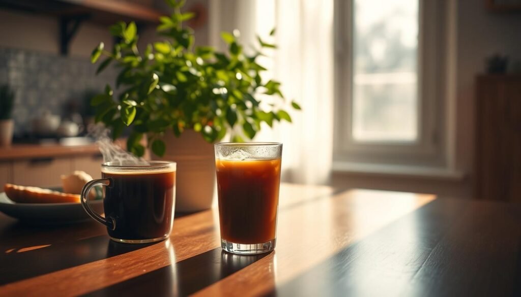 A calming, warm kitchen scene bathed in soft morning light, featuring a glass of cold brew coffee on a polished wooden table, condensation glistening on its surface. In the background, a lush, potted plant adds a touch of greenery, symbolizing freshness and health. To the left, a small, simple plate holds a piece of light breakfast, illustrating a balanced morning routine. The foreground emphasizes the cold brew, with steam gently rising from a nearby mug to convey warmth and comfort despite the drink's cold nature. The colors are rich and inviting, with earthy tones of brown and green creating a cozy, relaxing atmosphere. The overall composition should make the viewer feel calm and at ease, highlighting the gentle impact of cold brew coffee on digestion.