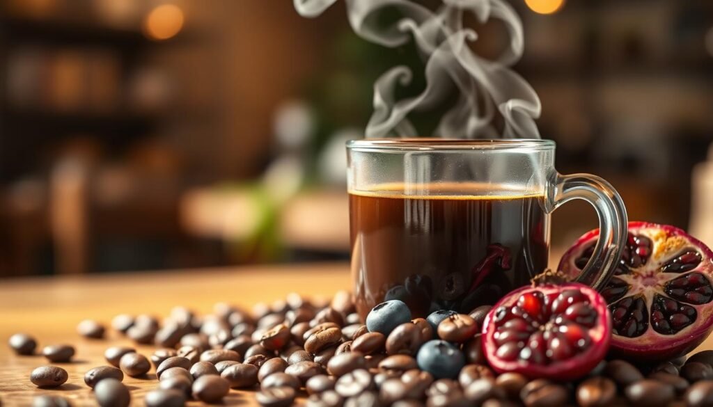 A close-up view of steaming hot coffee in a clear glass mug, showcasing the rich, dark brown liquid swirling with aromatic steam. The foreground features vibrant coffee beans scattered nearby, glistening with a light sheen to emphasize freshness. In the middle, a delicate arrangement of fresh fruits high in antioxidants, such as blueberries and pomegranates, elegantly contrasts the earthy tones of the coffee. The background is softly blurred, suggesting a cozy café setting with warm lighting that casts a gentle glow, creating an inviting atmosphere. The focus is sharp on the coffee and fruits, emphasizing their connection to health benefits, with a slightly shallow depth of field to enhance the mood of warmth and vitality.